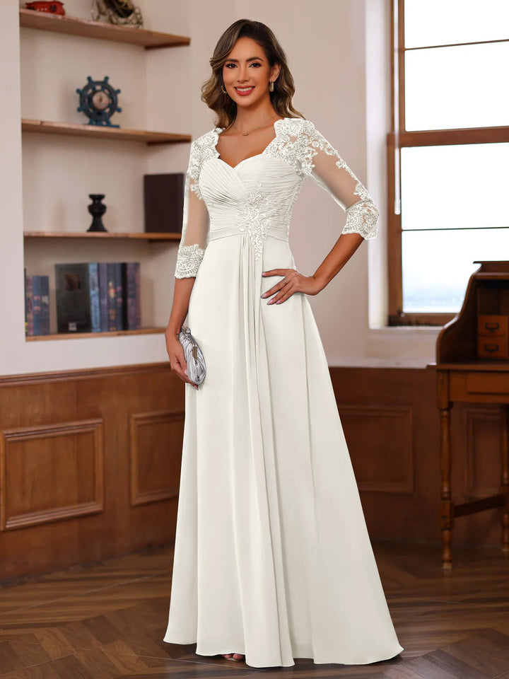 Robe de Mère de la Mariée Coupe A-Line/Princesse, Col en Cœur, Manches 3/4, Longueur Au Sol, avec Dentelle, Volants et Appliques