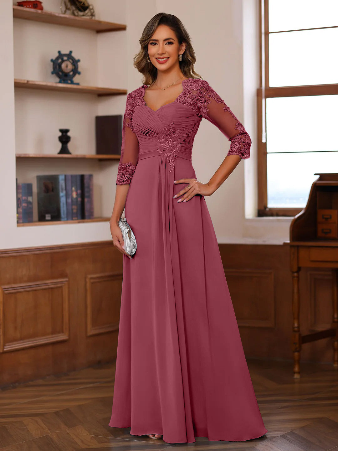 Robe de Mère de la Mariée Coupe A-Line/Princesse, Col en Cœur, Manches 3/4, Longueur Au Sol, avec Dentelle, Volants et Appliques