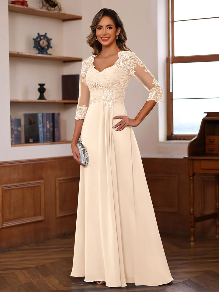 Robe de Mère de la Mariée Coupe A-Line/Princesse, Col en Cœur, Manches 3/4, Longueur Au Sol, avec Dentelle, Volants et Appliques