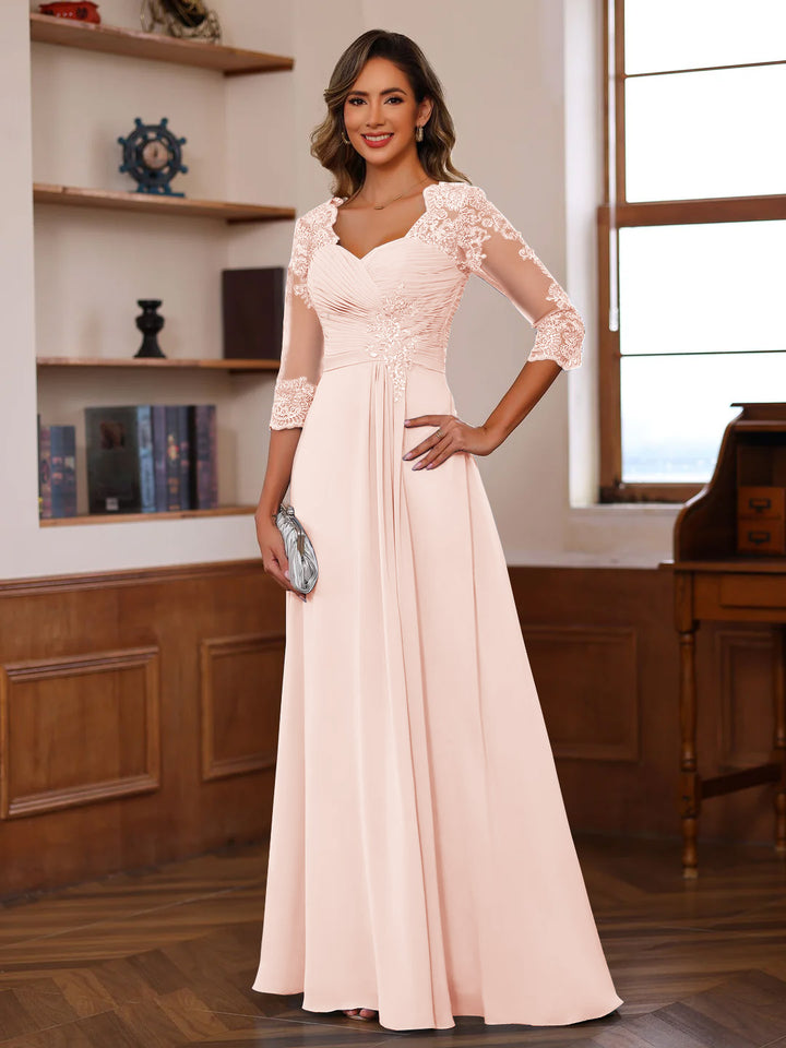 Robe de Mère de la Mariée Coupe A-Line/Princesse, Col en Cœur, Manches 3/4, Longueur Au Sol, avec Dentelle, Volants et Appliques