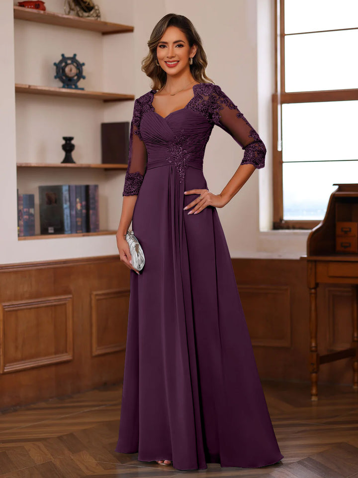 Robe de Mère de la Mariée Coupe A-Line/Princesse, Col en Cœur, Manches 3/4, Longueur Au Sol, avec Dentelle, Volants et Appliques