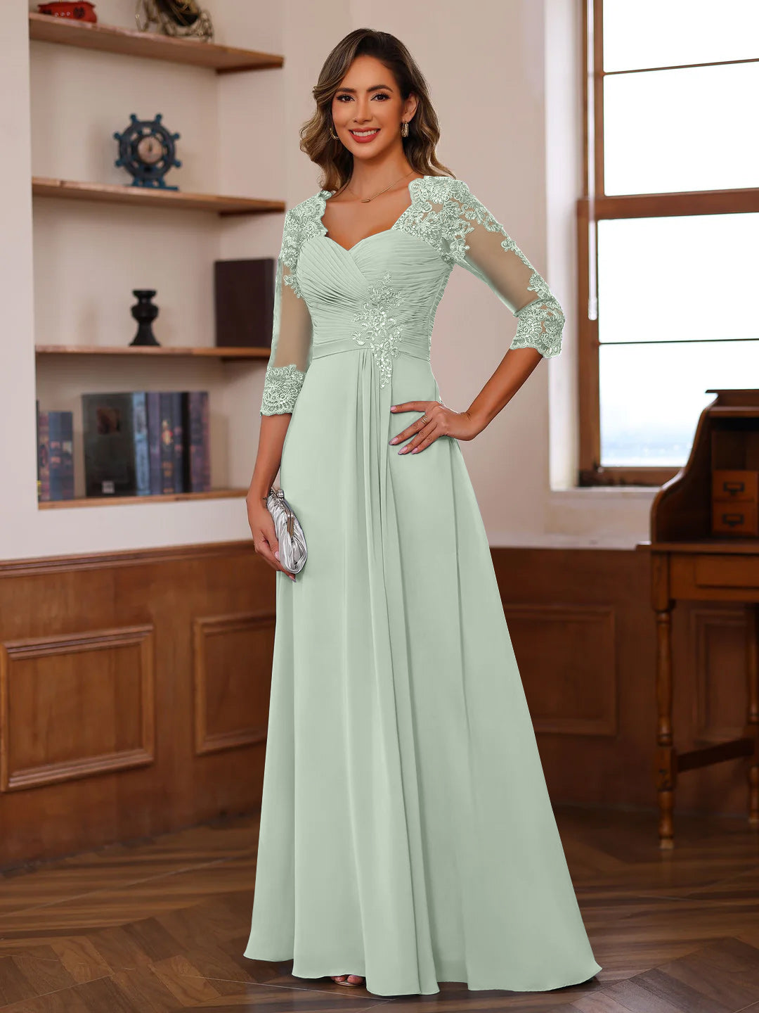 Robe de Mère de la Mariée Coupe A-Line/Princesse, Col en Cœur, Manches 3/4, Longueur Au Sol, avec Dentelle, Volants et Appliques