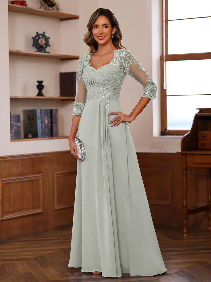 Robe de Mère de la Mariée Coupe A-Line/Princesse, Col en Cœur, Manches 3/4, Longueur Au Sol, avec Dentelle, Volants et Appliques