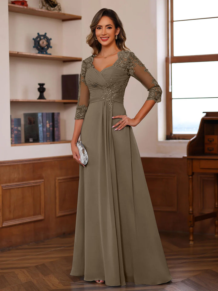 Robe de Mère de la Mariée Coupe A-Line/Princesse, Col en Cœur, Manches 3/4, Longueur Au Sol, avec Dentelle, Volants et Appliques