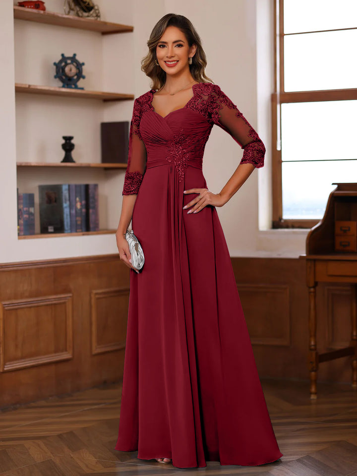 Robe de Mère de la Mariée Coupe A-Line/Princesse, Col en Cœur, Manches 3/4, Longueur Au Sol, avec Dentelle, Volants et Appliques