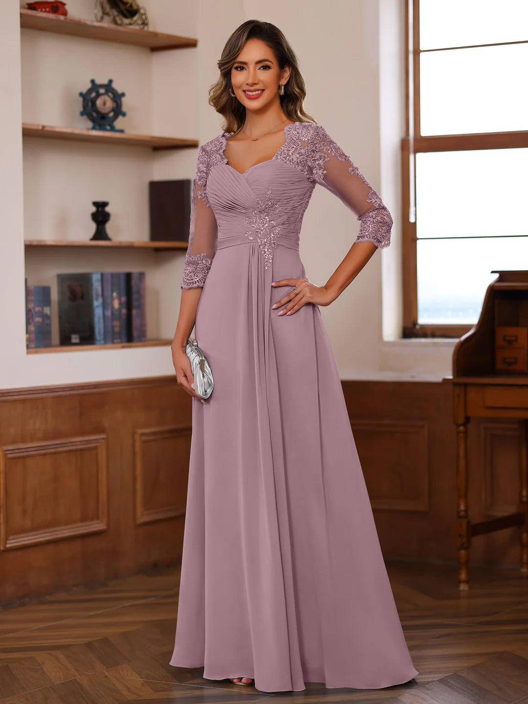 Robe de Mère de la Mariée Coupe A-Line/Princesse, Col en Cœur, Manches 3/4, Longueur Au Sol, avec Dentelle, Volants et Appliques