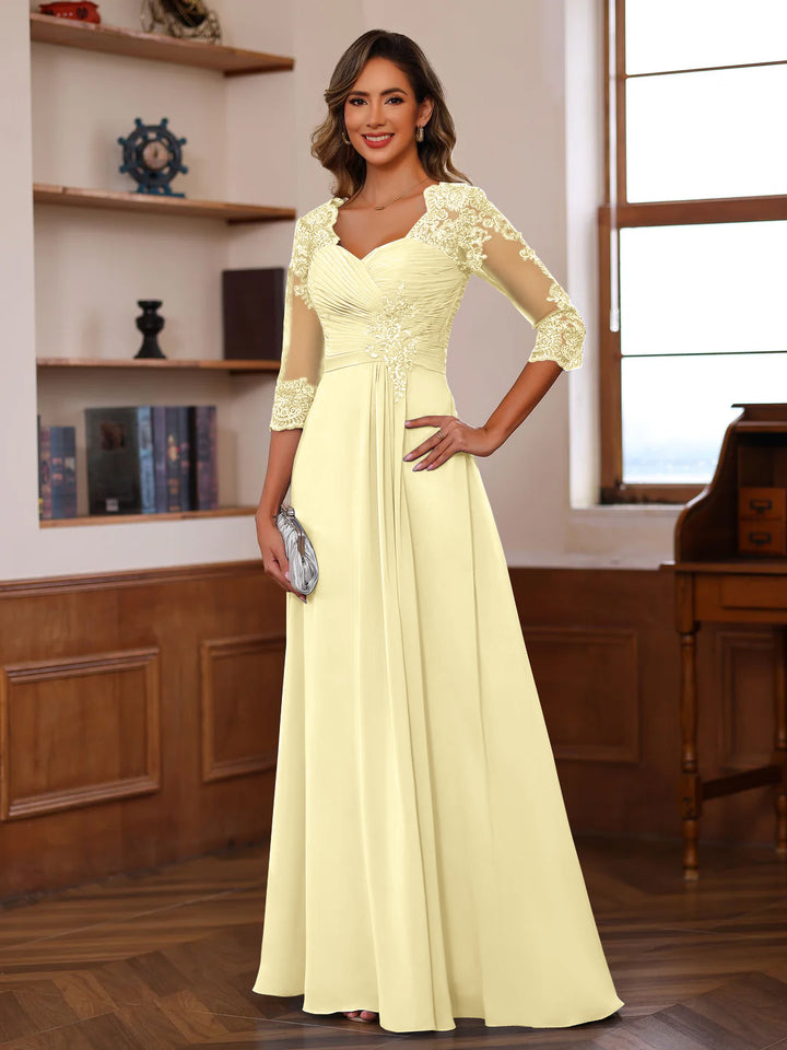 Robe de Mère de la Mariée Coupe A-Line/Princesse, Col en Cœur, Manches 3/4, Longueur Au Sol, avec Dentelle, Volants et Appliques