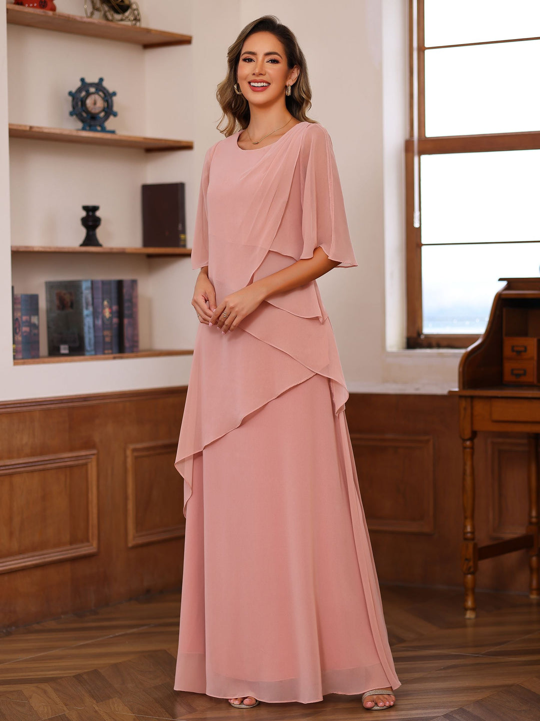 Robe de Mère de la Mariée Coupe A-Line/Princesse, Col Rond, Manches Mi-Longues, Longueur Au Sol, avec Volants
