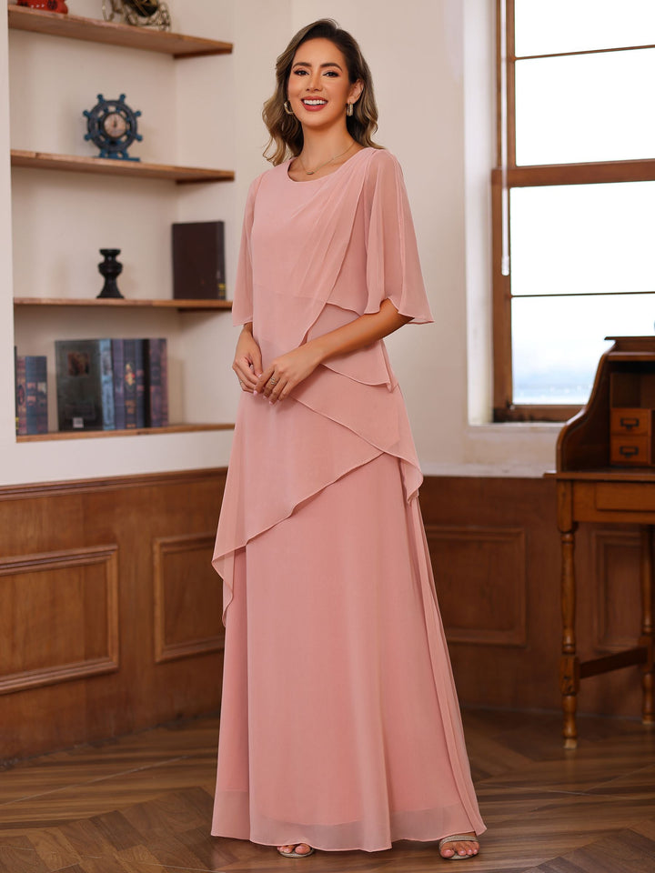 Robe de Mère de la Mariée Coupe A-Line/Princesse, Col Rond, Manches Mi-Longues, Longueur Au Sol, avec Volants