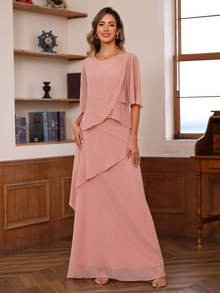 Robe de Mère de la Mariée Coupe A-Line/Princesse, Col Rond, Manches Mi-Longues, Longueur Au Sol, avec Volants