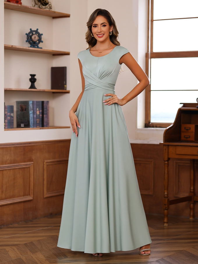 Robe de Mère de la Mariée Coupe A-Line/Princess à Encolure Dégagée et Manches Courtes, Longueur Au Sol, avec Volants