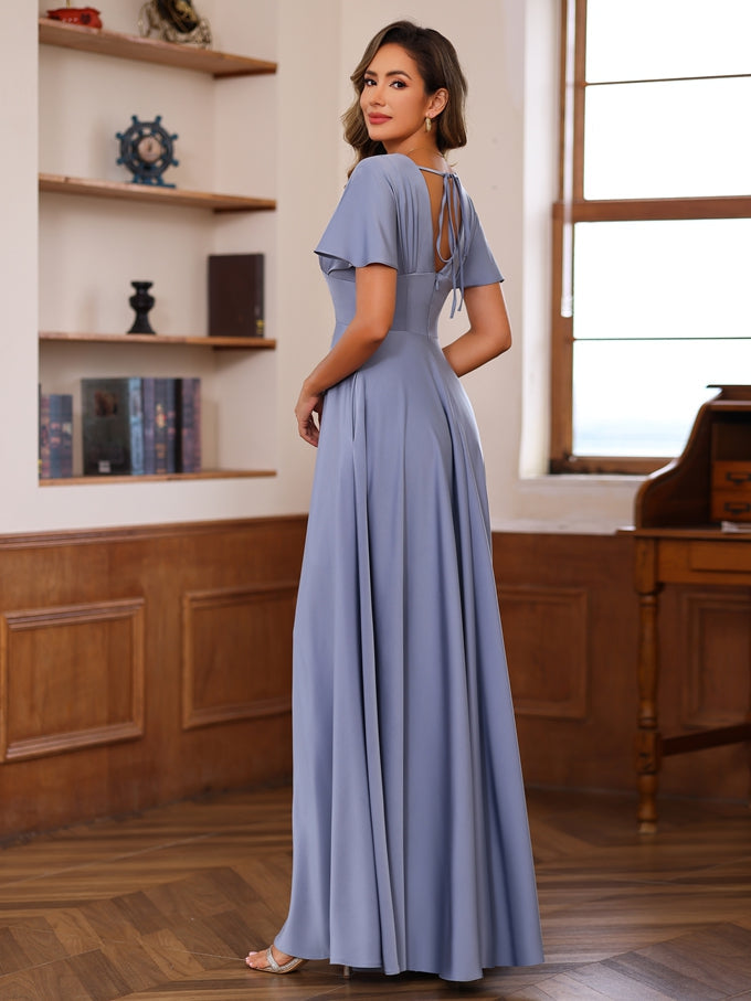 Robe Longue de Mère de la Mariée Coupe A-Line/Princess à Col en V et Manches Courtes, Longueur Au Sol, avec Volants