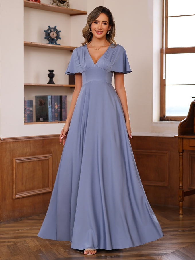 Robe Longue de Mère de la Mariée Coupe A-Line/Princess à Col en V et Manches Courtes, Longueur Au Sol, avec Volants