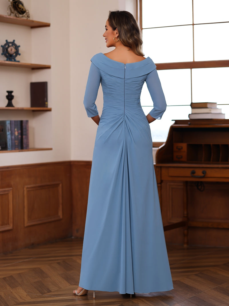 Robe de Mère de la Mariée Unique à Col en V et Manches 3/4, Longueur Au Sol, avec Volants et Appliqués