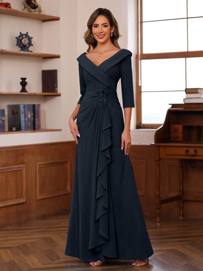 Robe de Mère de la Mariée Unique à Col en V et Manches 3/4, Longueur Au Sol, avec Volants et Appliqués