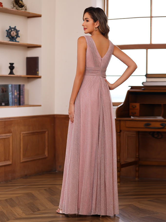 Robe de Mère de la Mariée Unique à Volants, Coupe A-Line/Princess, Col en V, Sans Manches, Longueur Au Sol