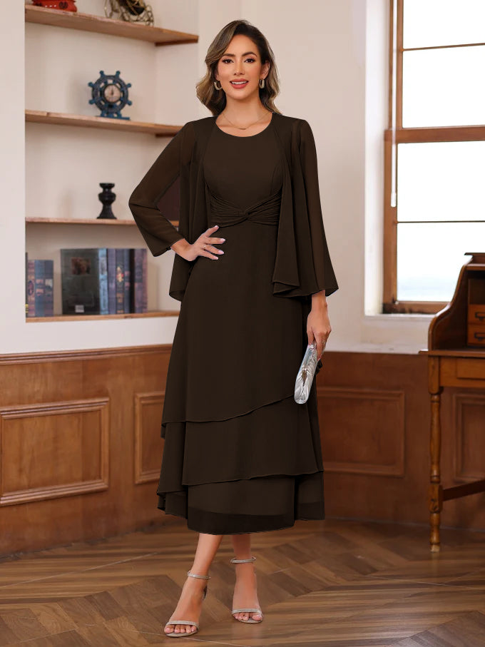 Robes de Mère de la Mariée Grande Taille, 2 Pièces, Coupe A-Line/Princess, Col Rond, Longueur Thé, avec Volants et Veste