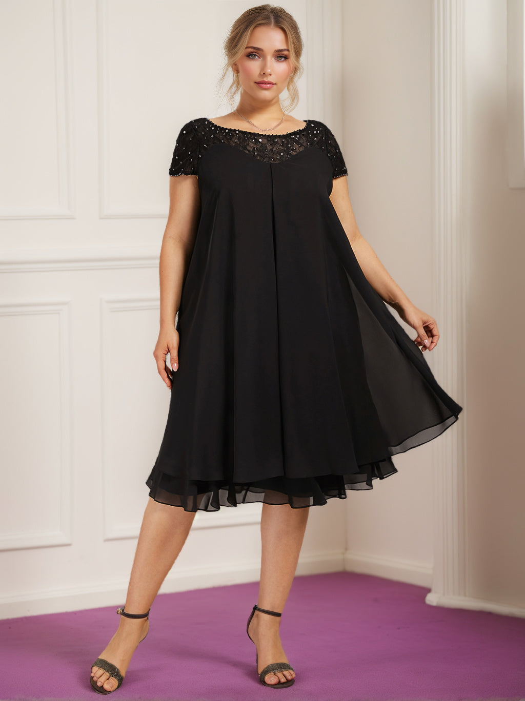 Robe de Mère de la Mariée Grande Taille, Coupe A-Line/Princess, Col Illusion, Manches Courtes, Longueur Genou, avec Perles et Paillettes