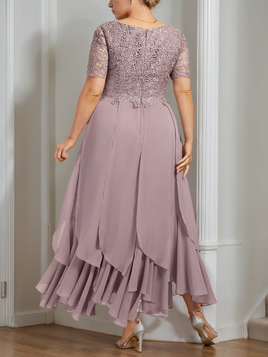 Robe de Mère de la Mariée Grande Taille, Coupe A-Line/Princess, Col Rond, Manches Courtes, Longueur Cheville, avec Volants en Cascade