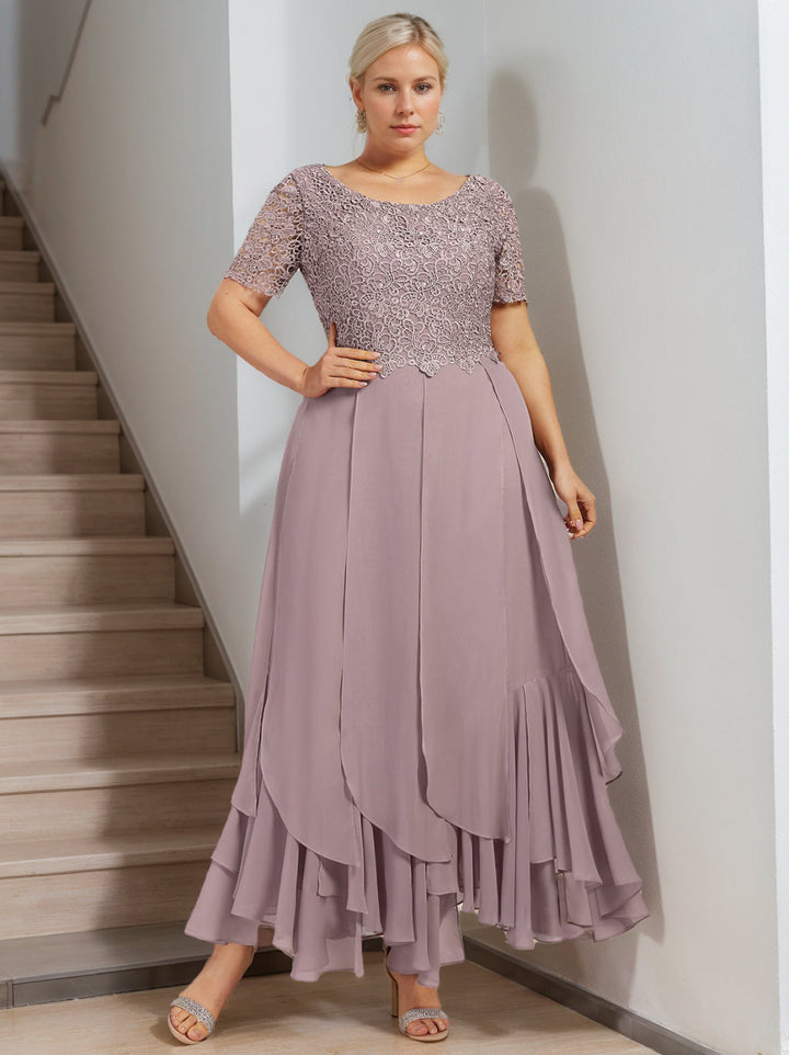 Robe de Mère de la Mariée Grande Taille, Coupe A-Line/Princess, Col Rond, Manches Courtes, Longueur Cheville, avec Volants en Cascade