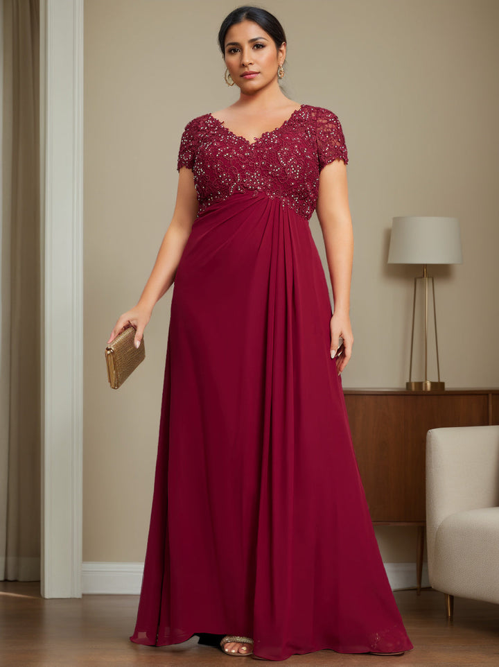 Robe de Mère de la Mariée Unique Grande Taille, Coupe A-Line/Princess, Col en V, Manches Courtes, Longueur Au Sol, avec Strass, Plissée