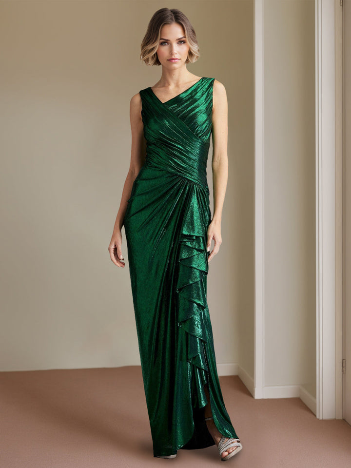 Robe de Soirée Fourreau/Colonne Asymétrique Sans Manches, Longueur Au Sol, avec Fente Sur le Côté et Volants