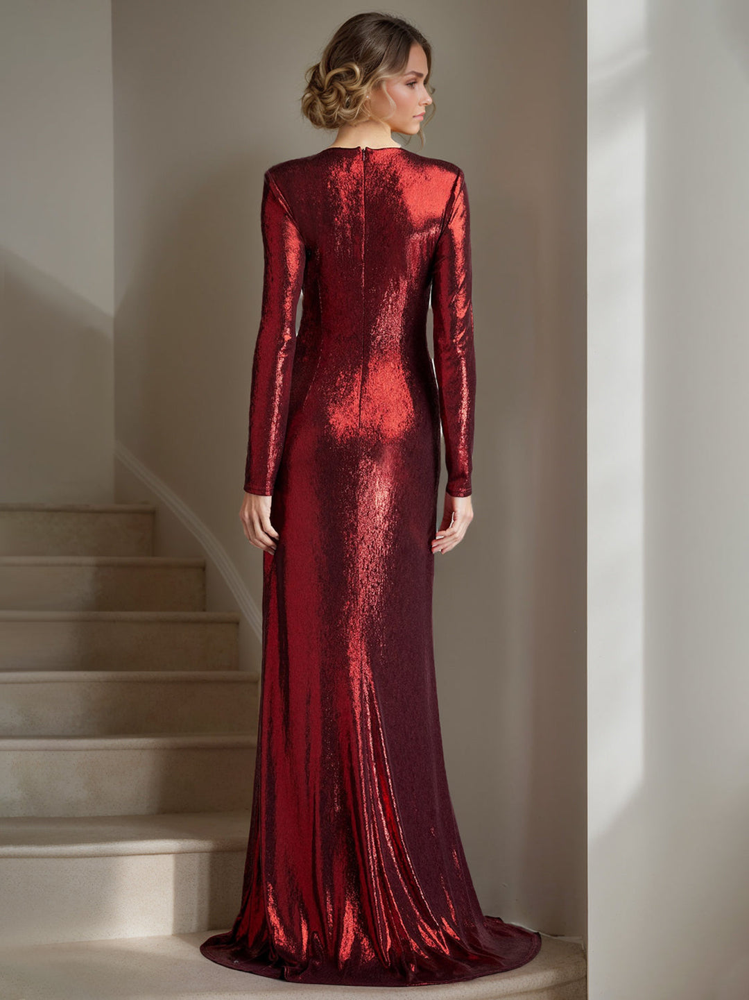 Robe de Mère de la Mariée Fourreau/Colonne à Col en V Profond et Manches Longues, Longueur Au Sol, avec Plis Croisés