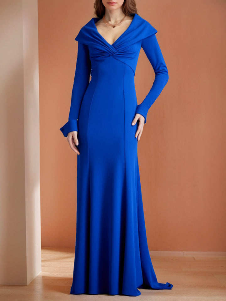 Robe de Mère de la Mariée Sirène/Trompette à Col en V et Manches Longues, Longueur Au Sol, avec Volants