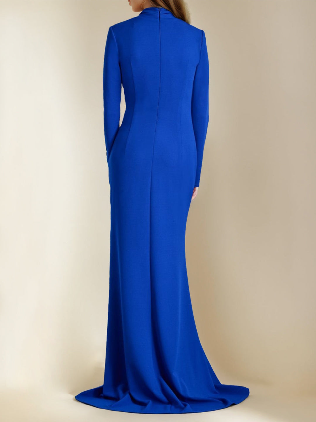 Robe de Mère de la Mariée Sirène/Trompette à Col en V et Manches Longues, Longueur Au Sol, avec Fente Sur le Côté
