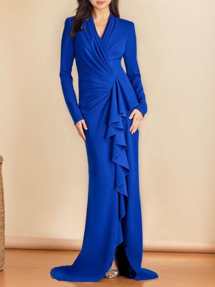 Robe de Mère de la Mariée Sirène/Trompette à Col en V et Manches Longues, Longueur Au Sol, avec Fente Sur le Côté