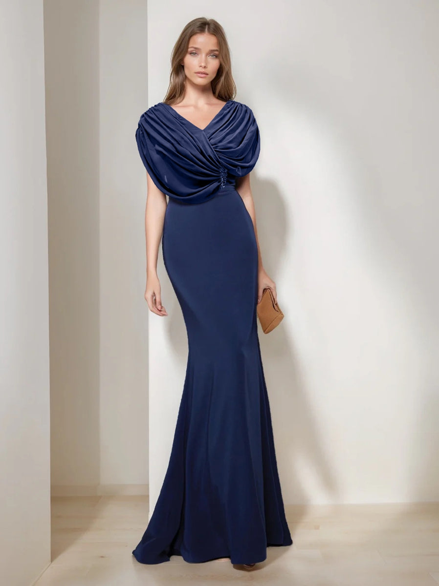 Robe de Mère de la Mariée Trompette/Sirène à Col en V et Manches Courtes, Longueur Au Sol, avec Volants et Paillettes