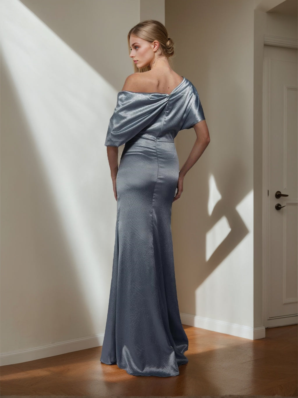 Robe de Mère de la Mariée A-Line/Princess à Une Épaule et Manches Courtes, Longueur Au Sol, avec Fente Sur le Côté