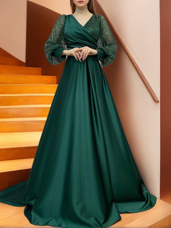 Robe de Mère de la Mariée Longue à Manches Longues et Col en V, Coupe A-Line/Princesse, avec Paillettes et Volants