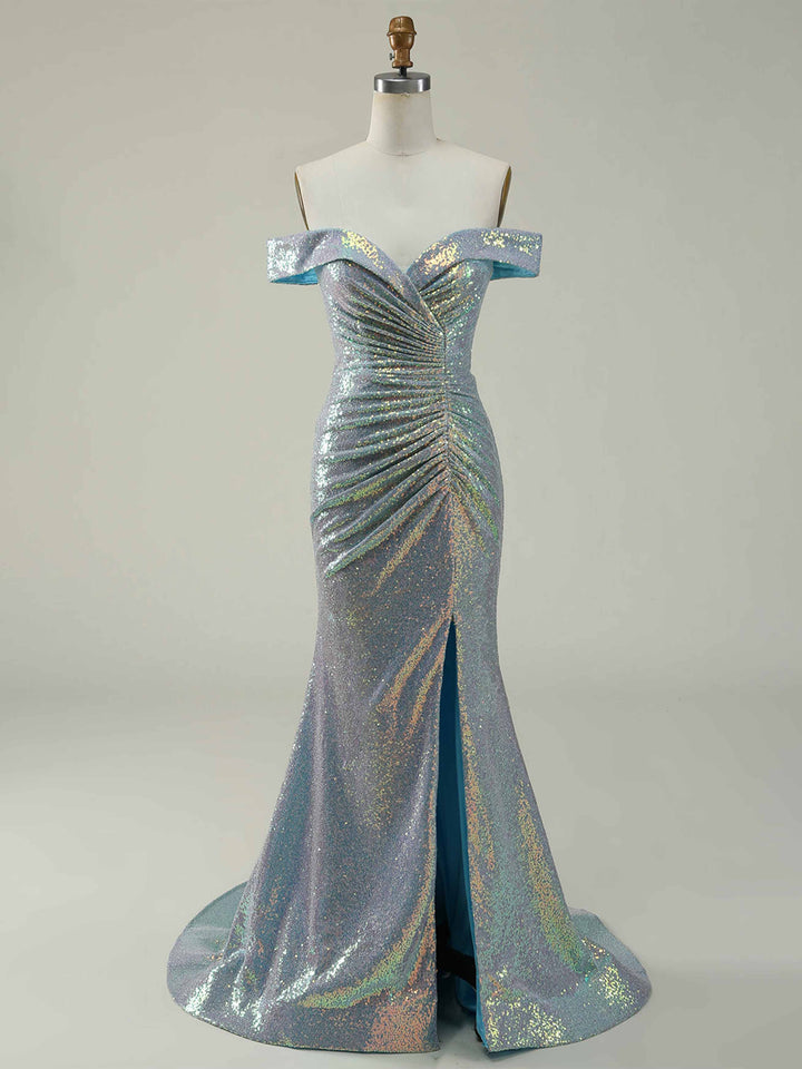 Robe de Mère de la Mariée Sirène/Trompette à Épaules Dénudées Sans Manches, Longue Au Sol, avec Fente Latérale, Paillettes et Volants
