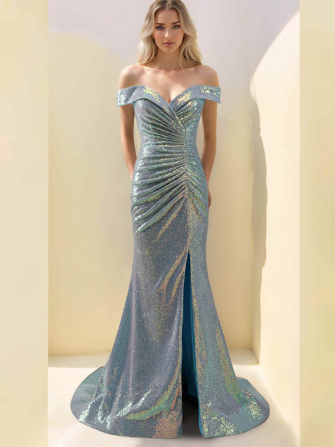 Robe de Mère de la Mariée Sirène/Trompette à Épaules Dénudées Sans Manches, Longue Au Sol, avec Fente Latérale, Paillettes et Volants