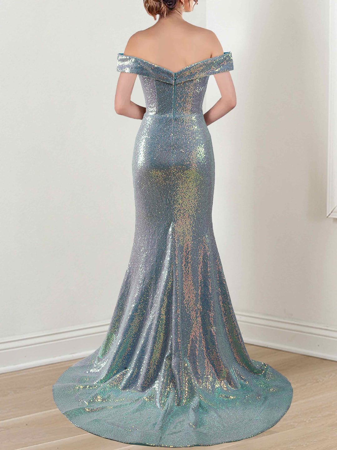 Robe de Mère de la Mariée Sirène/Trompette à Épaules Dénudées Sans Manches, Longue Au Sol, avec Fente Latérale, Paillettes et Volants