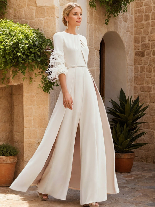 Tailleur-Pantalon en de Soie à Col Bijou et Manches Mi-Longues pour Mère de la Mariée avec Plumes