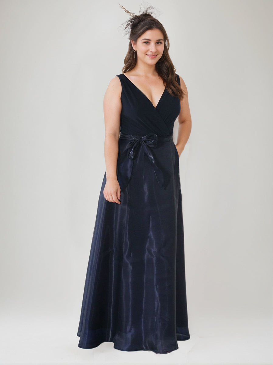 Robe de Mère de la Mariée Grande Taille, Coupe A-Line/Princess, Col en V, Sans Manches, Longueur Au Sol, avec Nœud