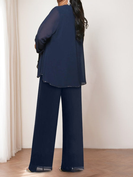 Ensemble pantalon mère de la mariée mousseline col rond, veste