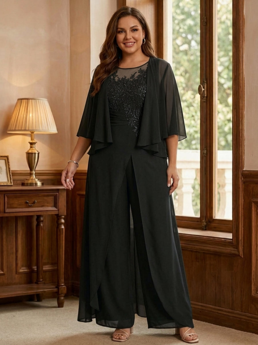 Combinaison mère de la mariée taille plus ligne A col rond, veste, fente latérale, appliques, longueur sol