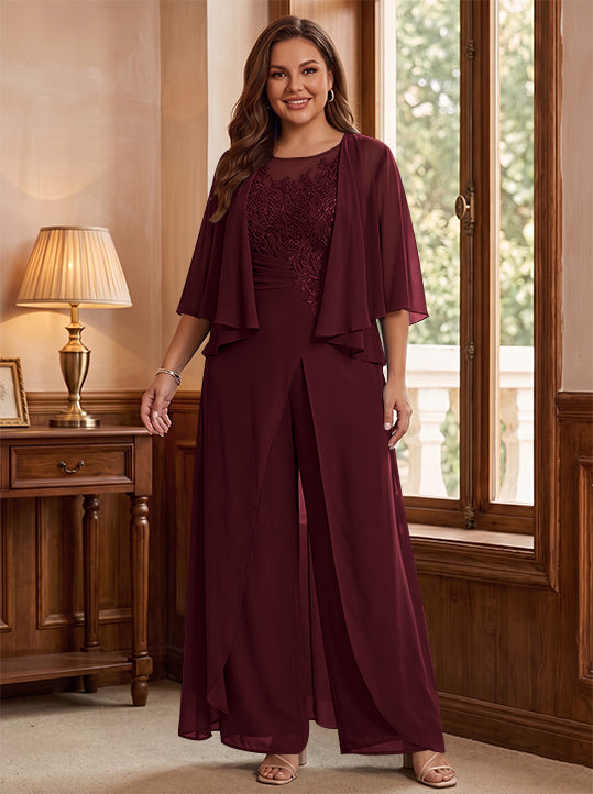 Combinaison mère de la mariée taille plus ligne A col rond, veste, fente latérale, appliques, longueur sol