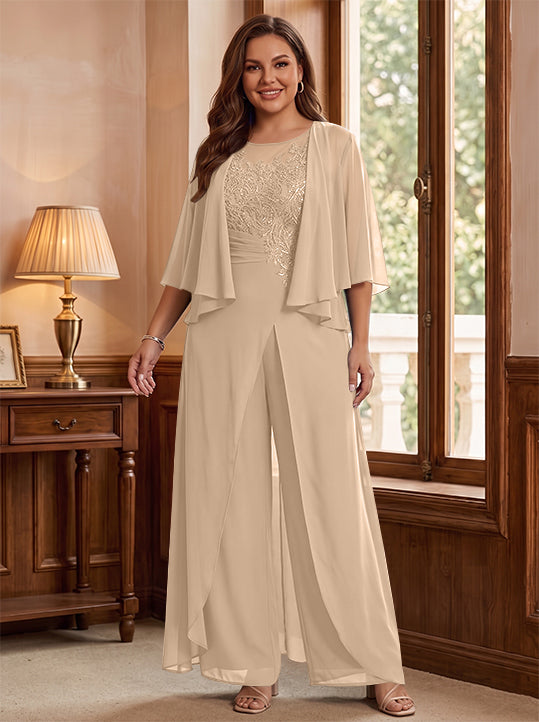 Combinaison mère de la mariée taille plus ligne A col rond, veste, fente latérale, appliques, longueur sol