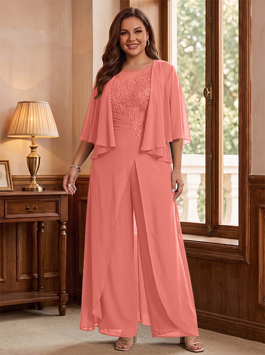 Combinaison mère de la mariée taille plus ligne A col rond, veste, fente latérale, appliques, longueur sol