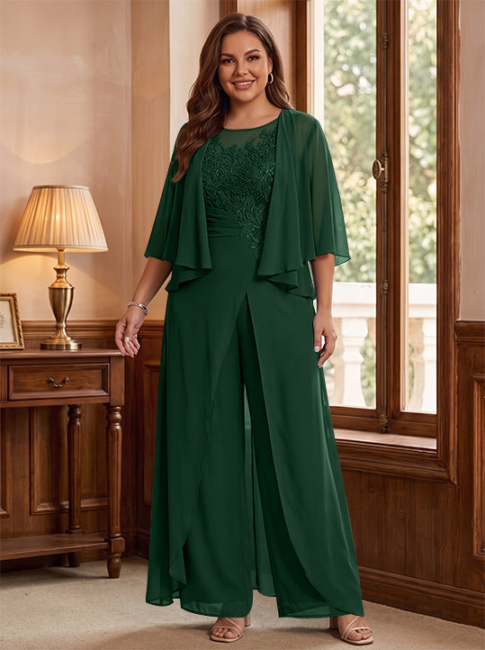Combinaison mère de la mariée taille plus ligne A col rond, veste, fente latérale, appliques, longueur sol