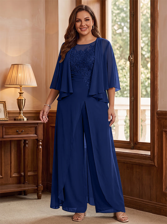 Combinaison mère de la mariée taille plus ligne A col rond, veste, fente latérale, appliques, longueur sol