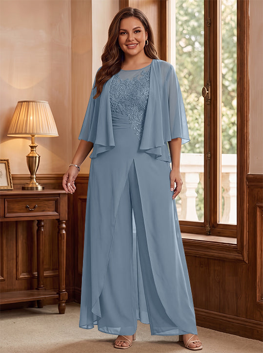 Combinaison mère de la mariée taille plus ligne A col rond, veste, fente latérale, appliques, longueur sol