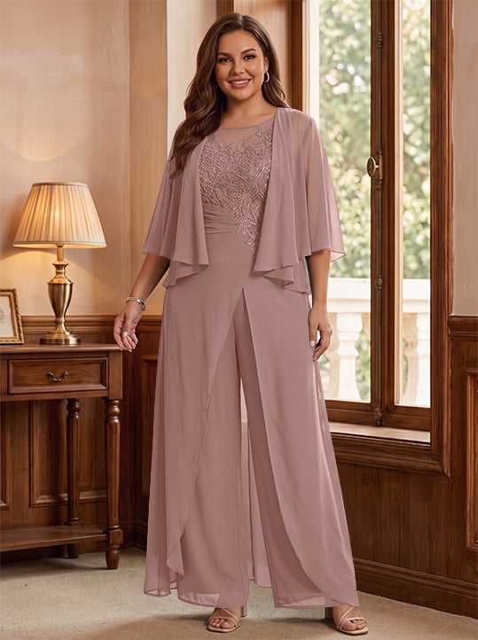 Combinaison mère de la mariée taille plus ligne A col rond, veste, fente latérale, appliques, longueur sol