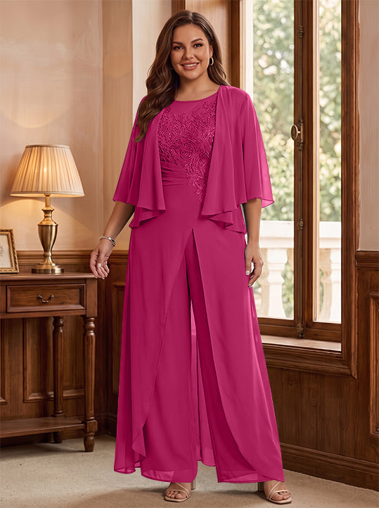 Combinaison mère de la mariée taille plus ligne A col rond, veste, fente latérale, appliques, longueur sol
