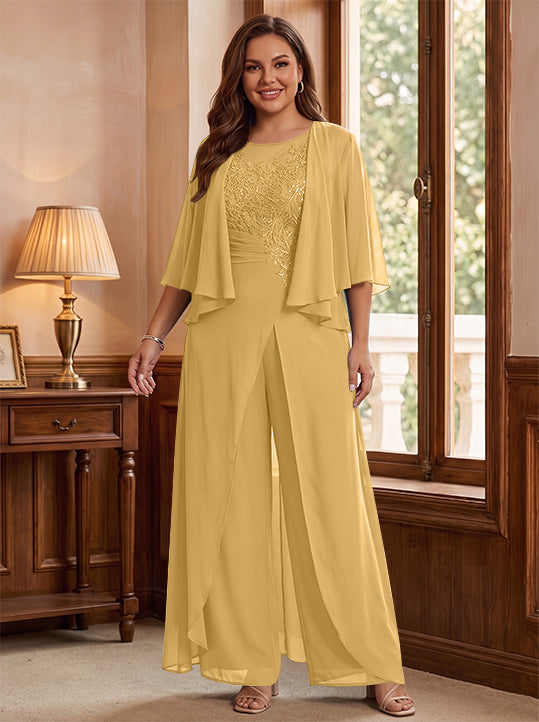 Combinaison mère de la mariée taille plus ligne A col rond, veste, fente latérale, appliques, longueur sol