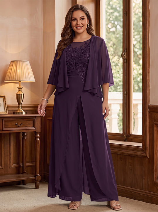 Combinaison mère de la mariée taille plus ligne A col rond, veste, fente latérale, appliques, longueur sol